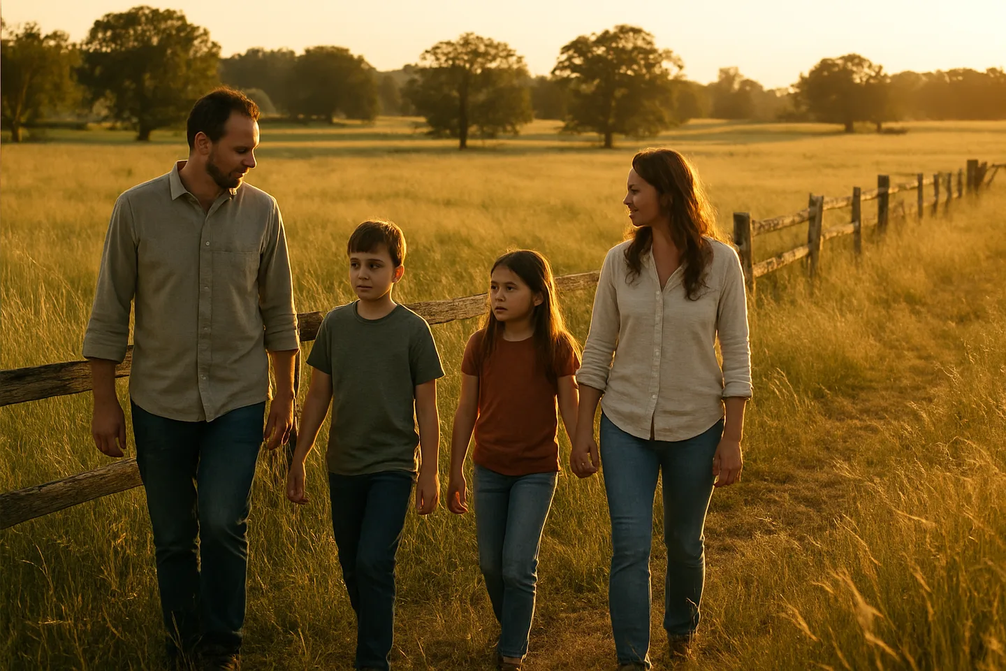 Family walking along inherited rural property