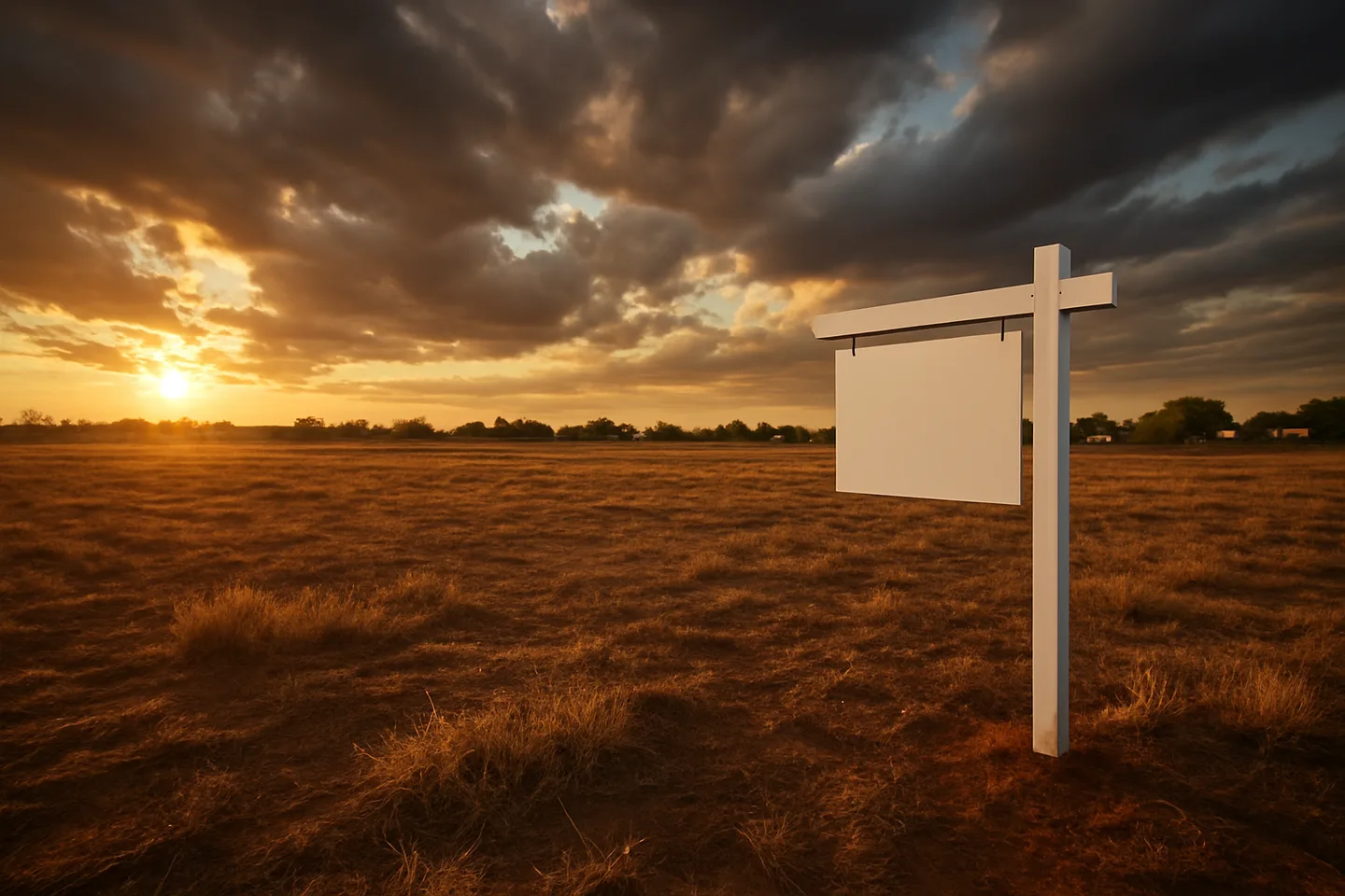 Vacant land parcel with real estate sign at golden hour