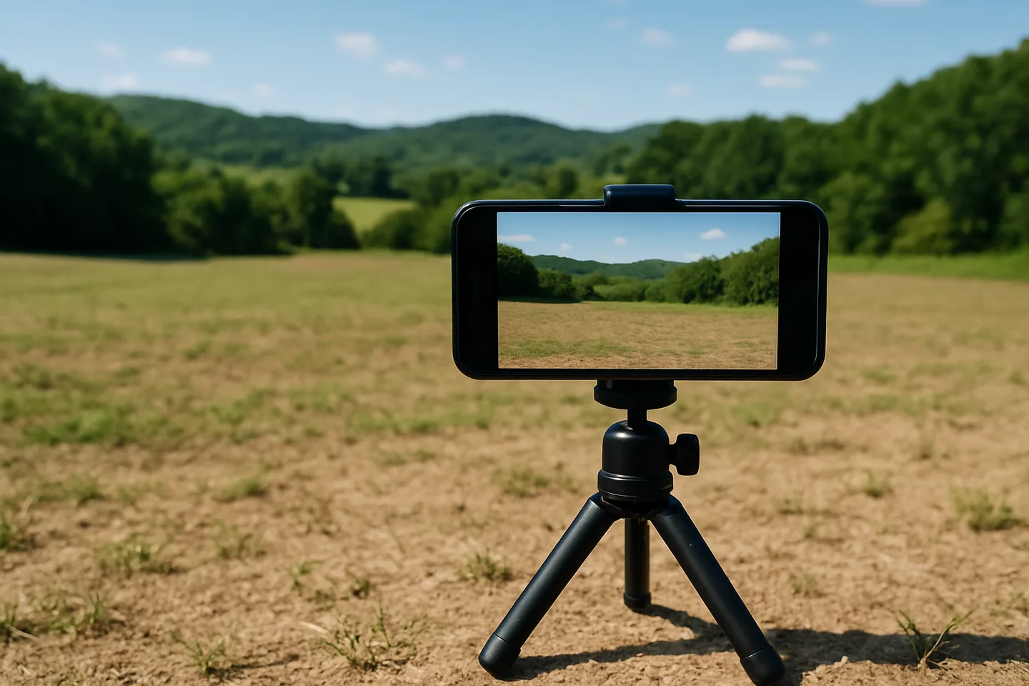 Smartphone on tripod photographing a vacant land parcel