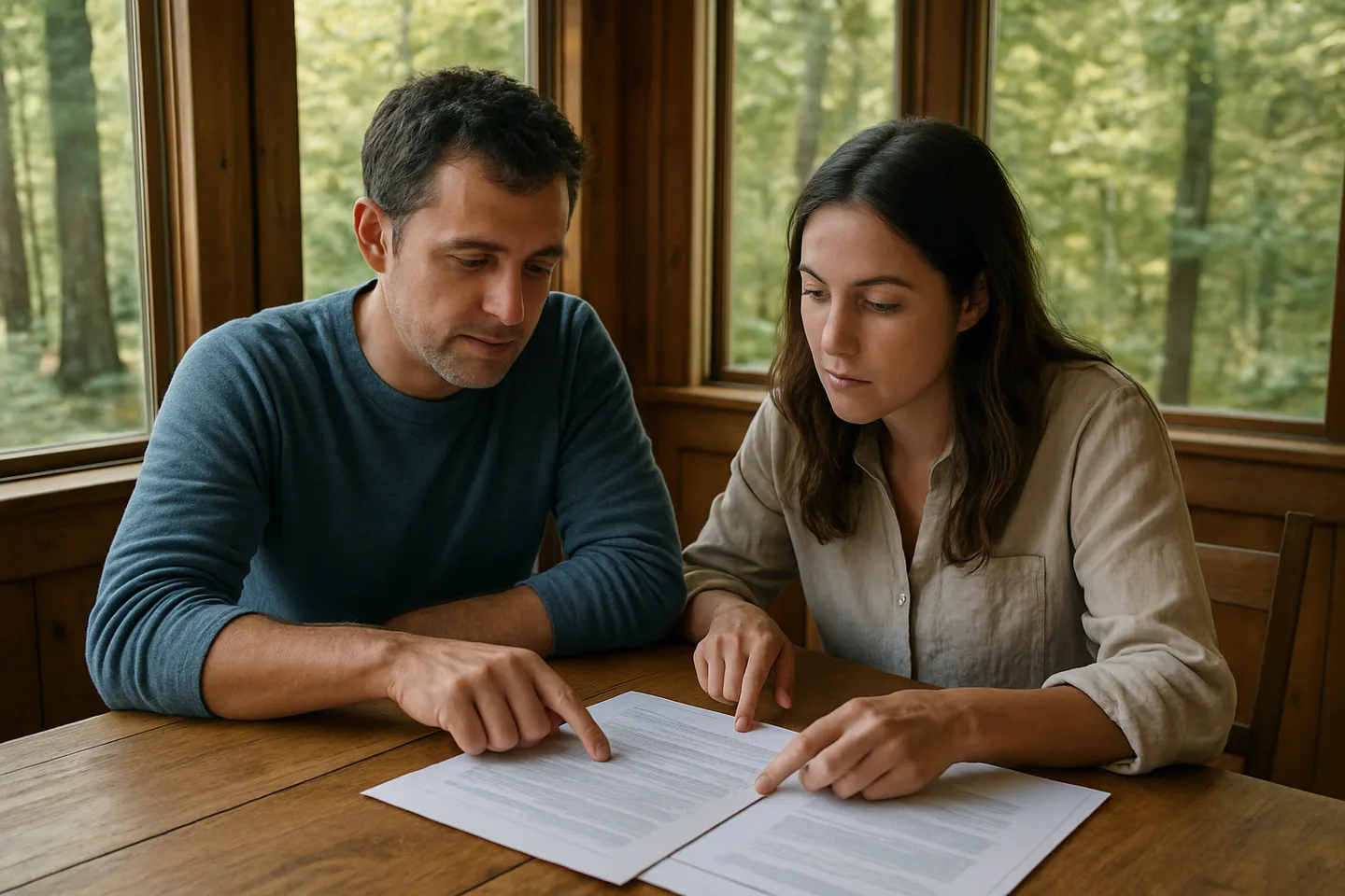 Two people reviewing land sale documents without a realtor