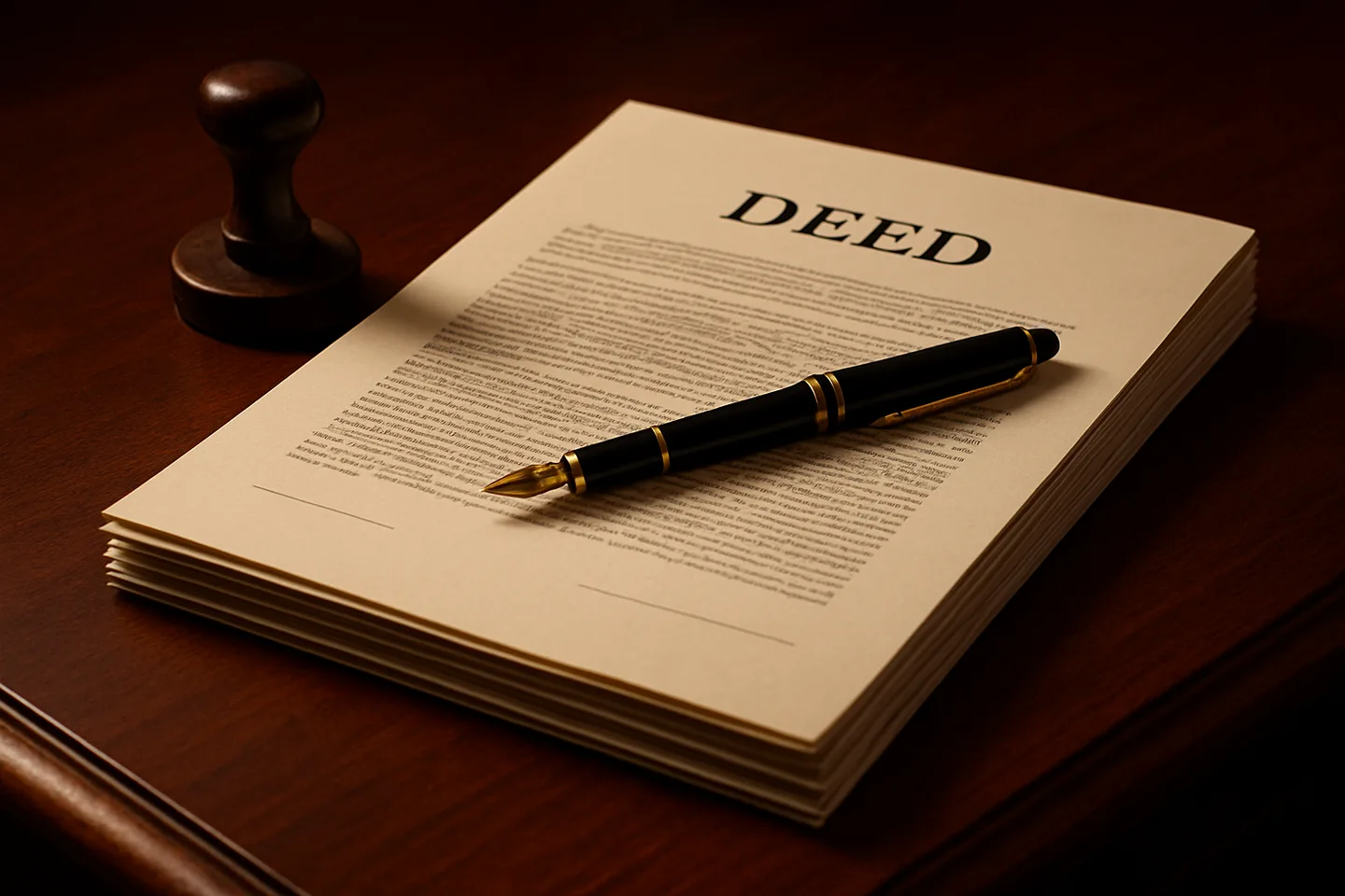 Legal land deed with notary stamp and fountain pen on desk