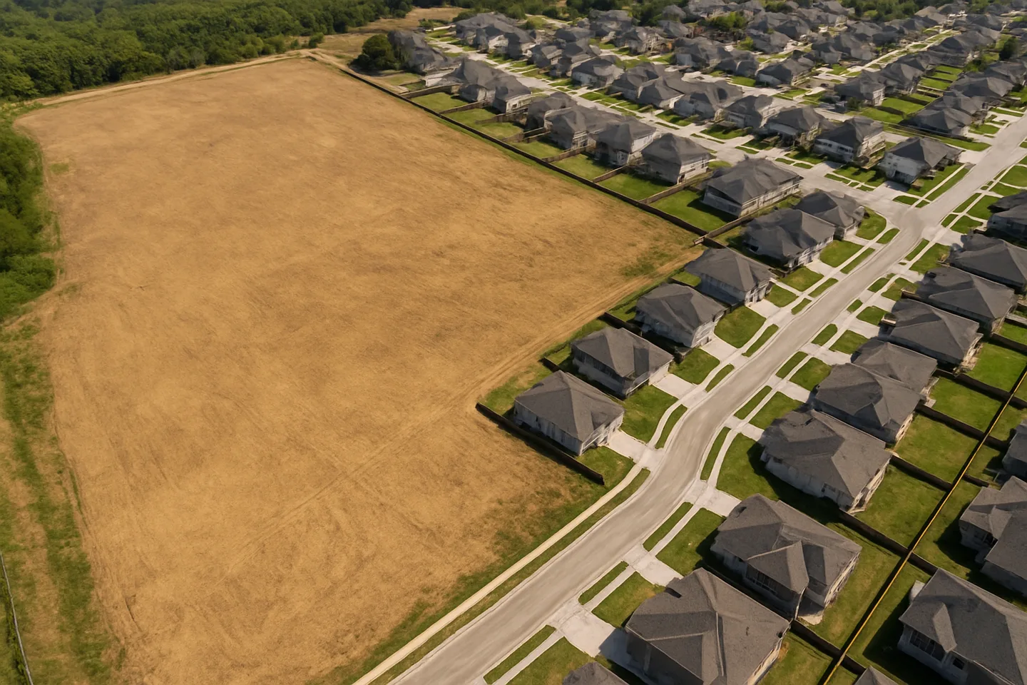 Aerial view of undeveloped land next to new construction