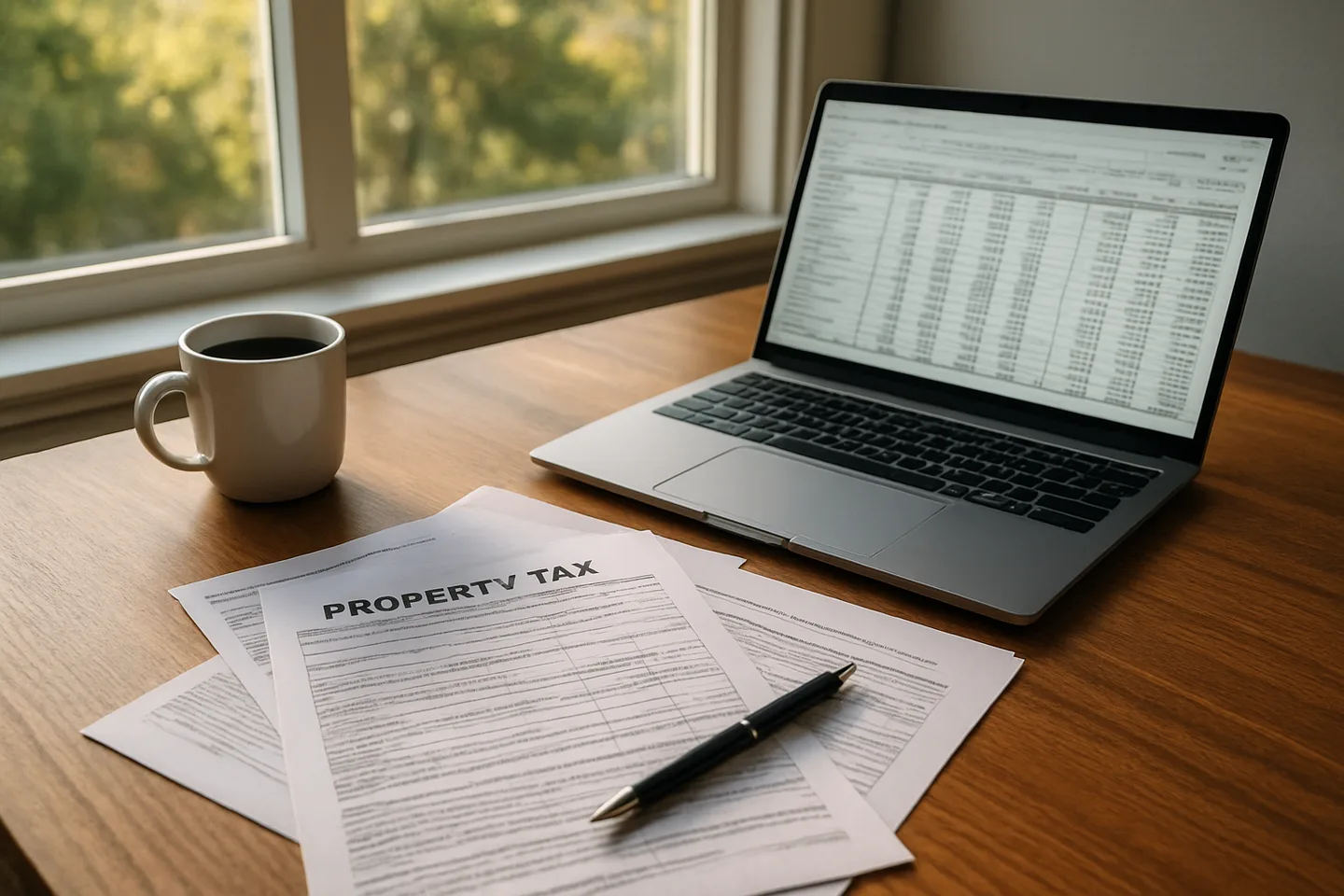 Property tax documents and laptop on a desk