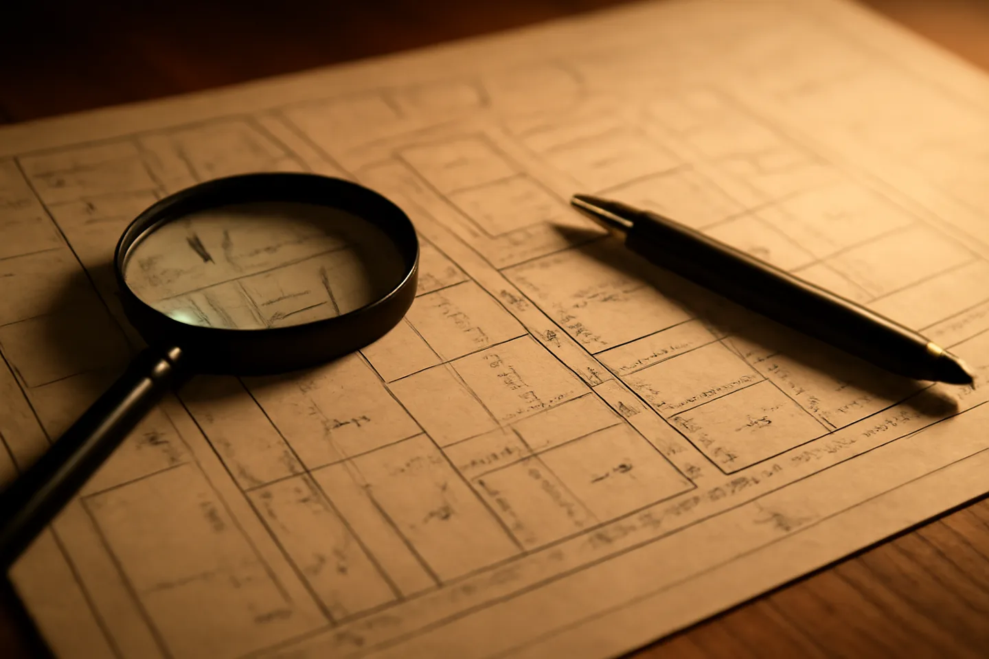 Property survey map and magnifying glass on a table