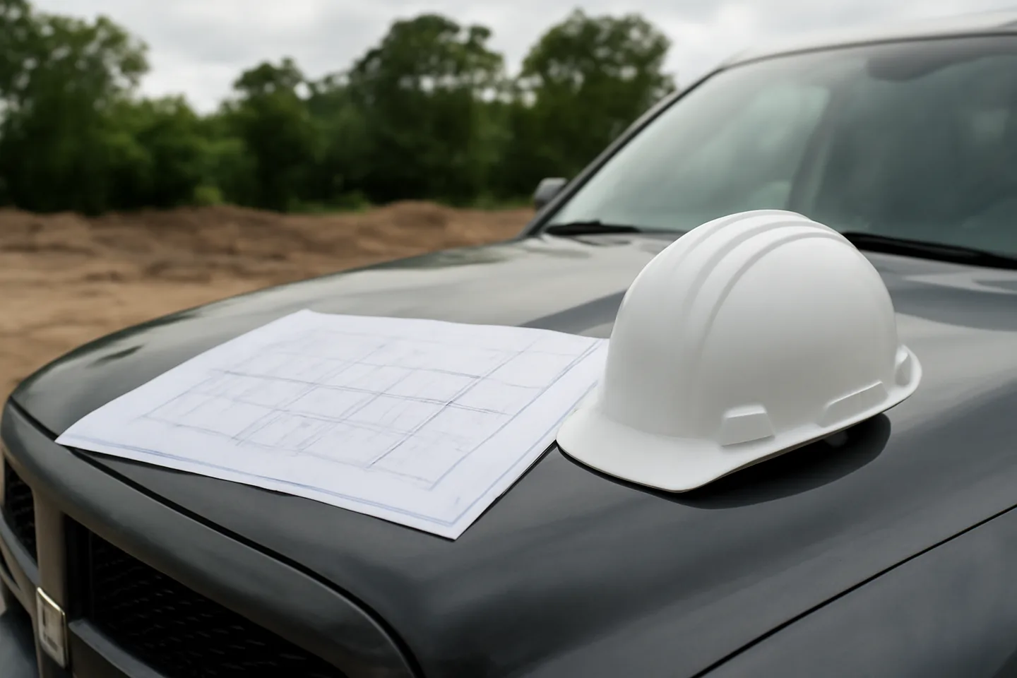 Blueprints and hard hat on a truck hood at a construction site