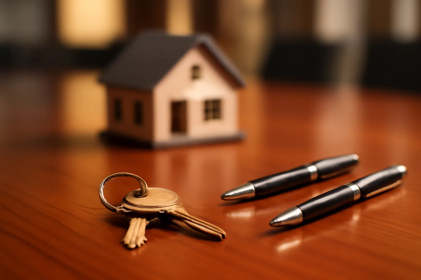 Property closing table with signed documents and keys from above