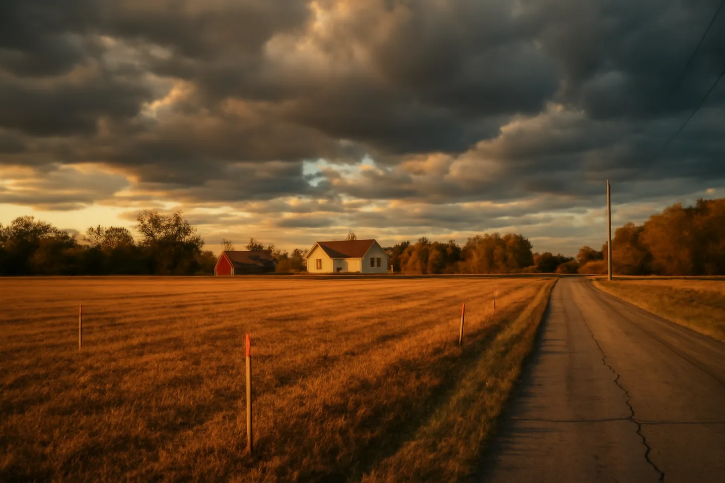 Rural property with survey stakes along a county road