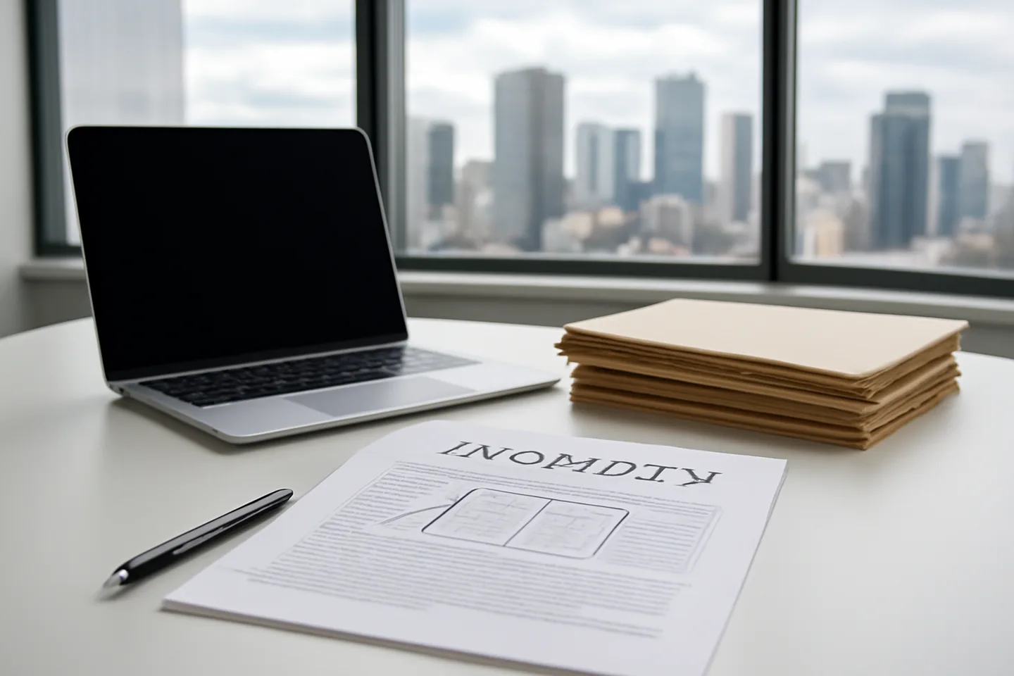 Professional office with property documents and city view