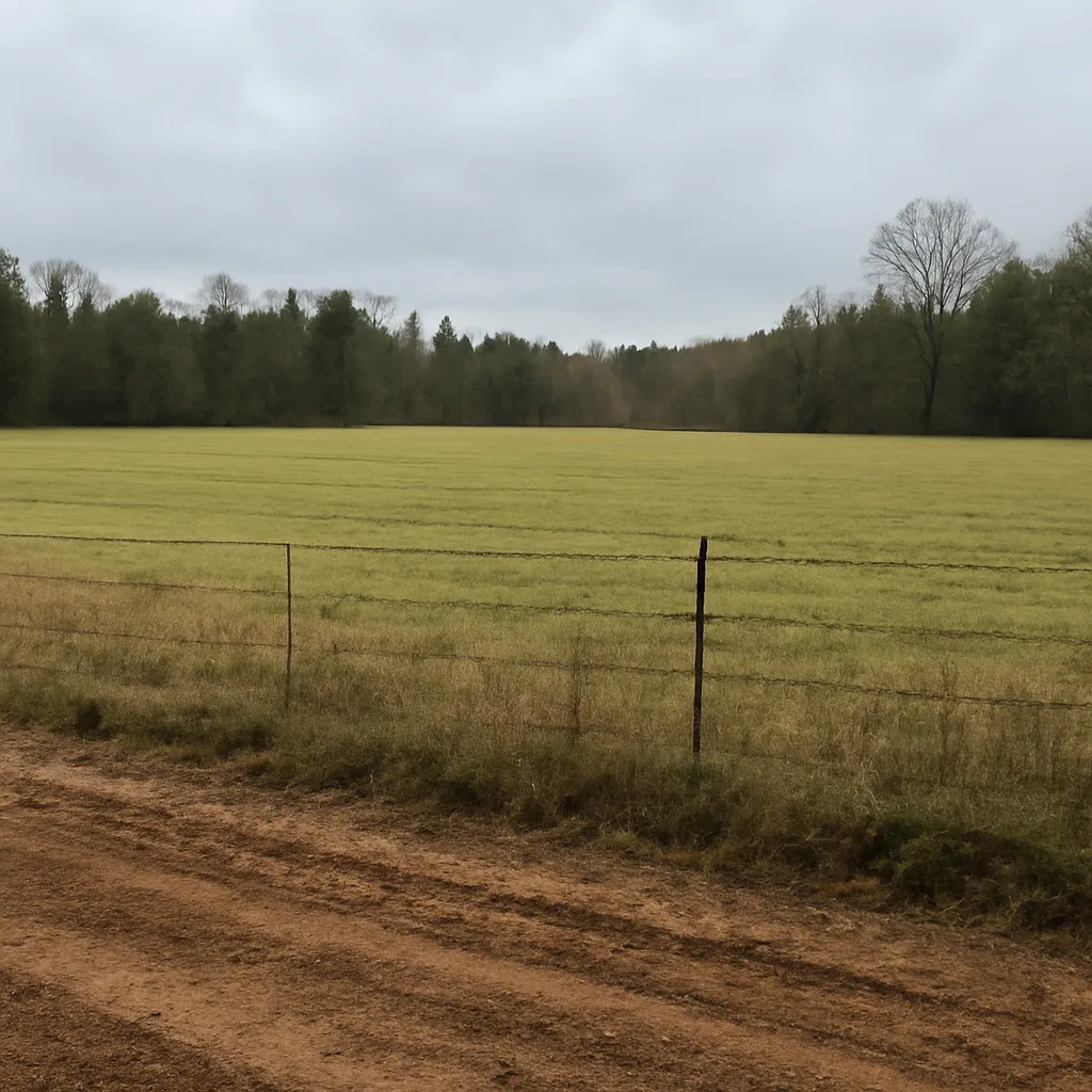 Rural acreage with open grassland and conifer forest in Canton, Georgia